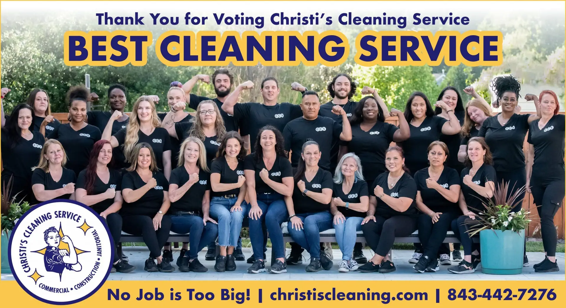 An image of a large group of employees from a cleaning service company, with the words 'Thank You for Voting Christi's Cleaning Service BEST CLEANING SERVICE' displayed.